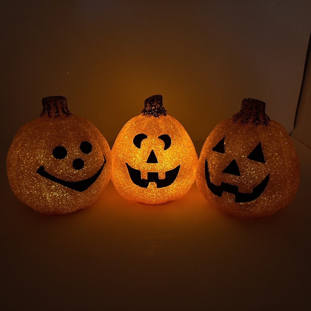Lot Of 3 VTG Halloween Melted Plastic Popcorn Light Up Jack O Lanterns Seasons‎
